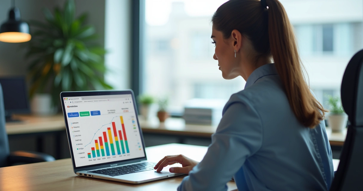 Mulher analisando relatório financeiro automatizado em tela de laptop 