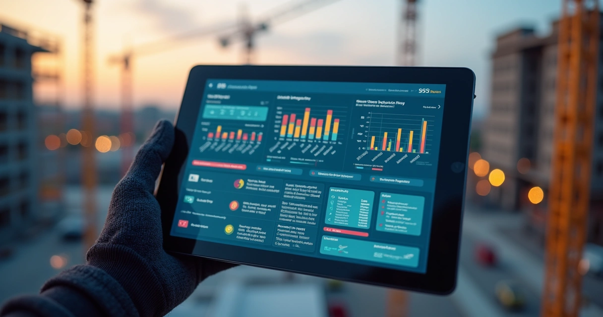 Relatório digital com gráficos e indicadores de qualidade de obra sendo exibido em tablet 