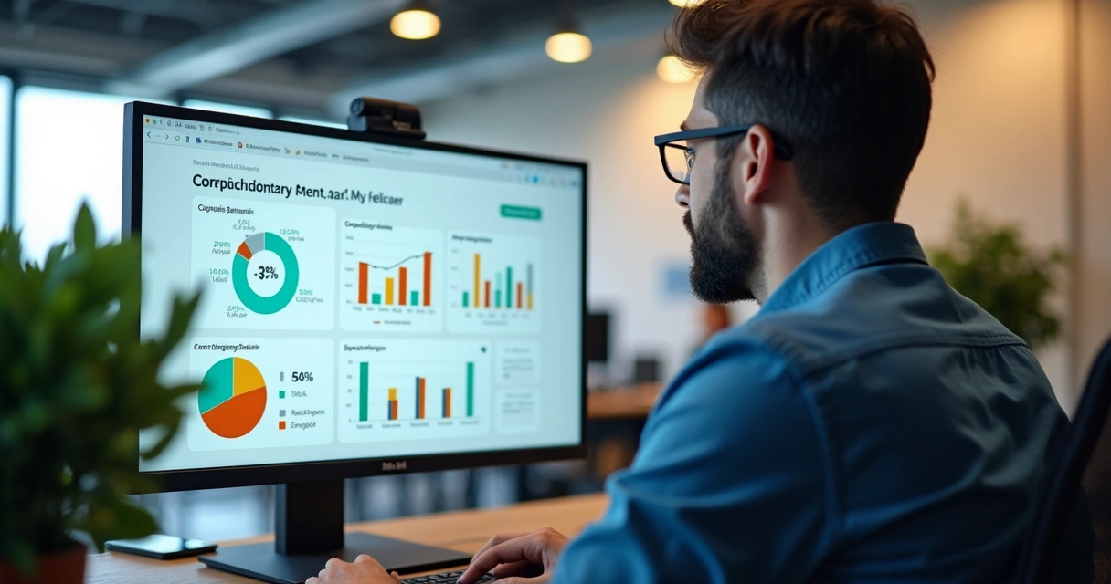 Gestor analisando relatório digital de benefícios corporativos no computador 