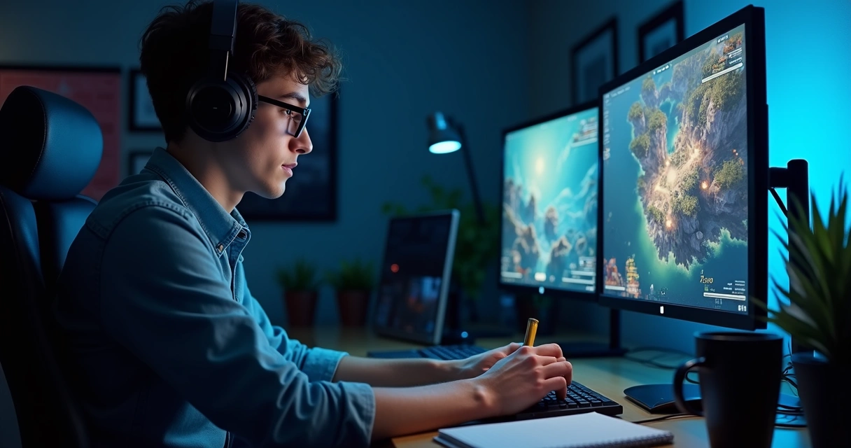 Jogador digitando relatório de bug no computador 