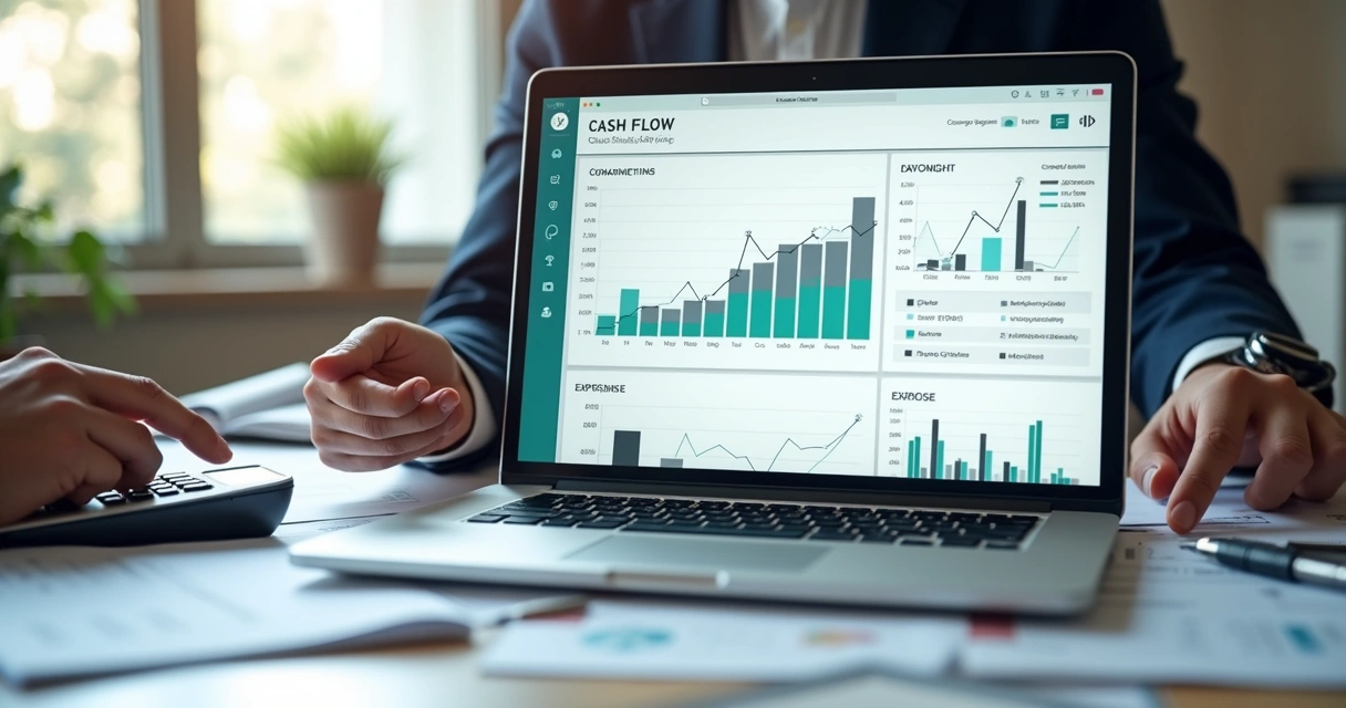 Relatório mensal de caixa com gráficos e categorias em tela de notebook 