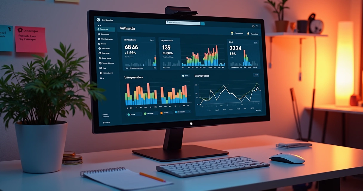 Dashboard colorido de campanha de influência com gráficos de desempenho 