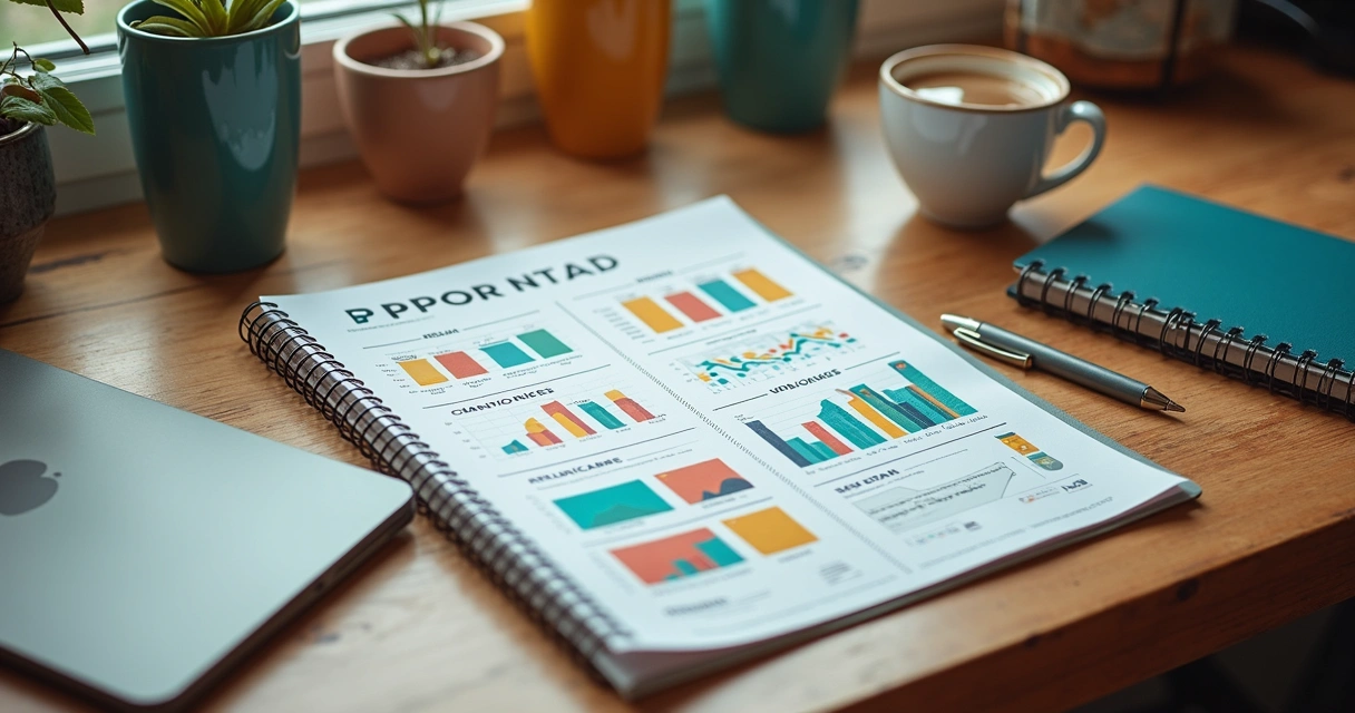 Relatório visual de campanha de influência em uma mesa de trabalho 