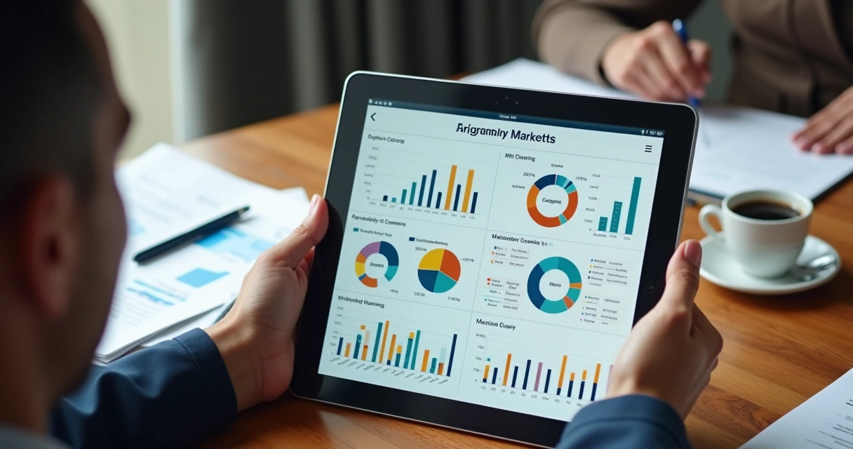 Relatório digital de campanha parlamentar com gráficos e mapas exibidos em tablet sobre mesa de gabinete 