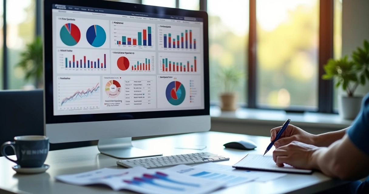 Tela com gráficos e relatórios de campanha política em computador 