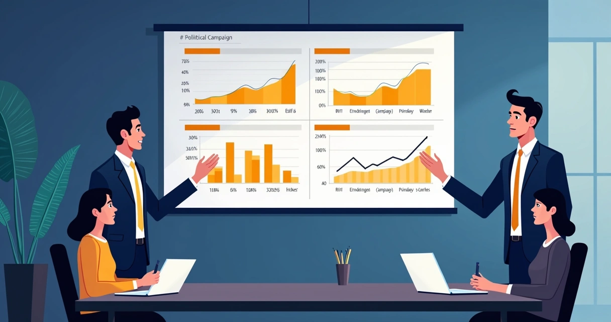 Dashboard digital exibe KPIs de campanha política em reunião 