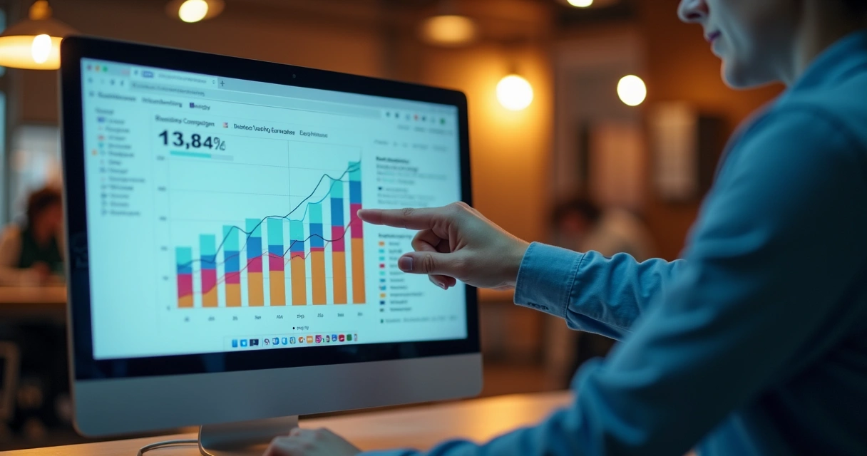 Relatório digital na tela e pessoa apontando para gráfico de conversão 
