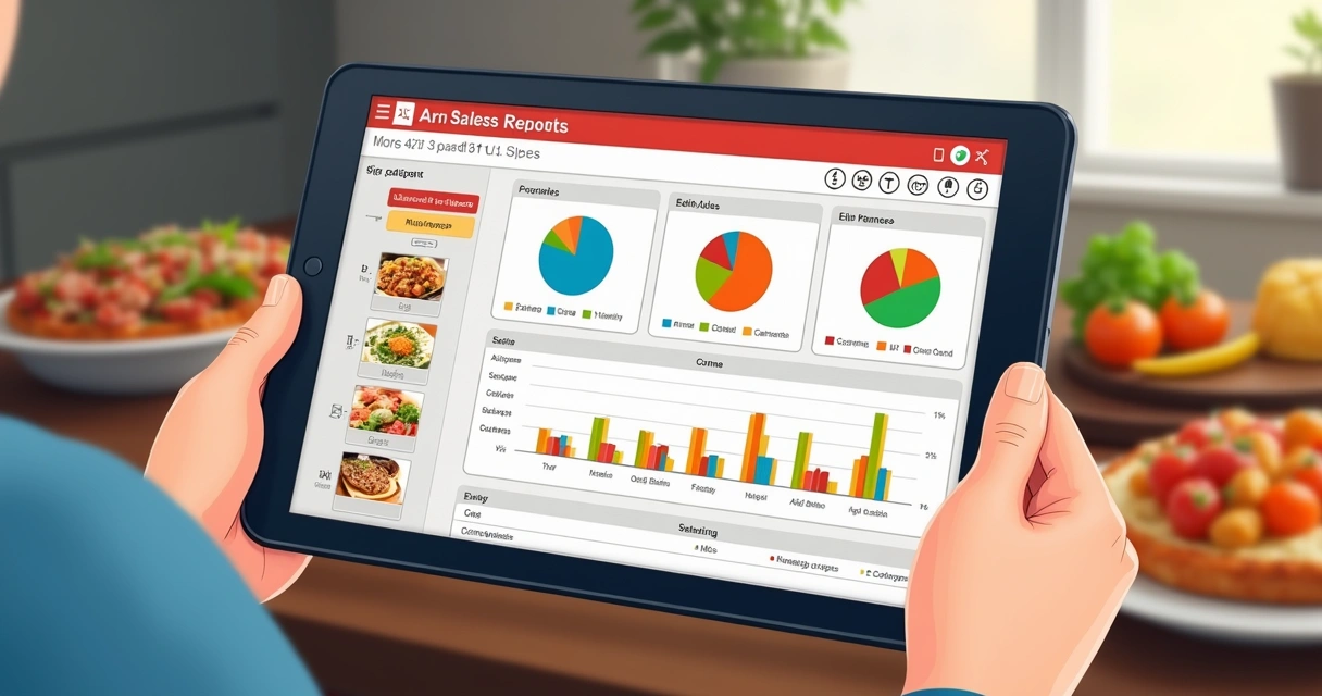 Relatório de vendas ilustrando pratos de delivery com números em destaque 