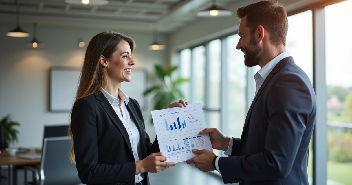 Profissional entregando um relatório de resultados para cliente com expressão de satisfação 