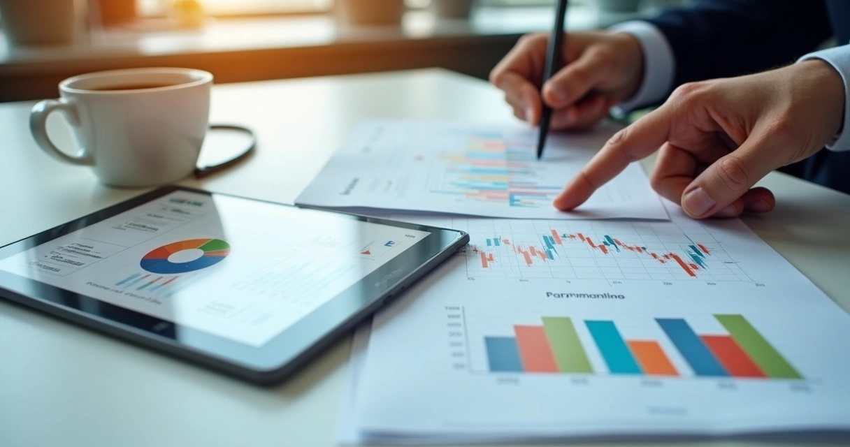 Relatório financeiro impresso e digital com gráficos e timeline de pagamentos 