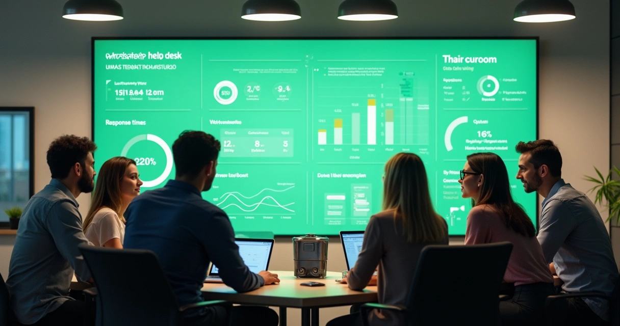 Equipe analisando relatório digital de atendimento ao cliente. 