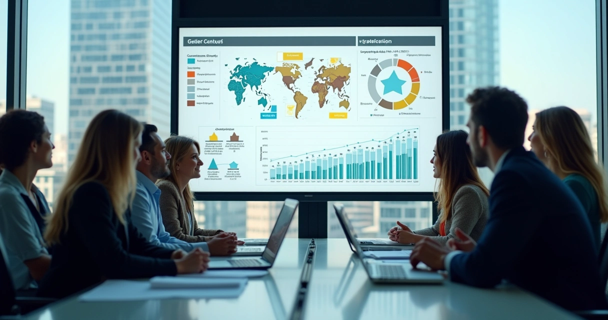 Equipe de gestão analisando dados centralizados em uma sala de reunião