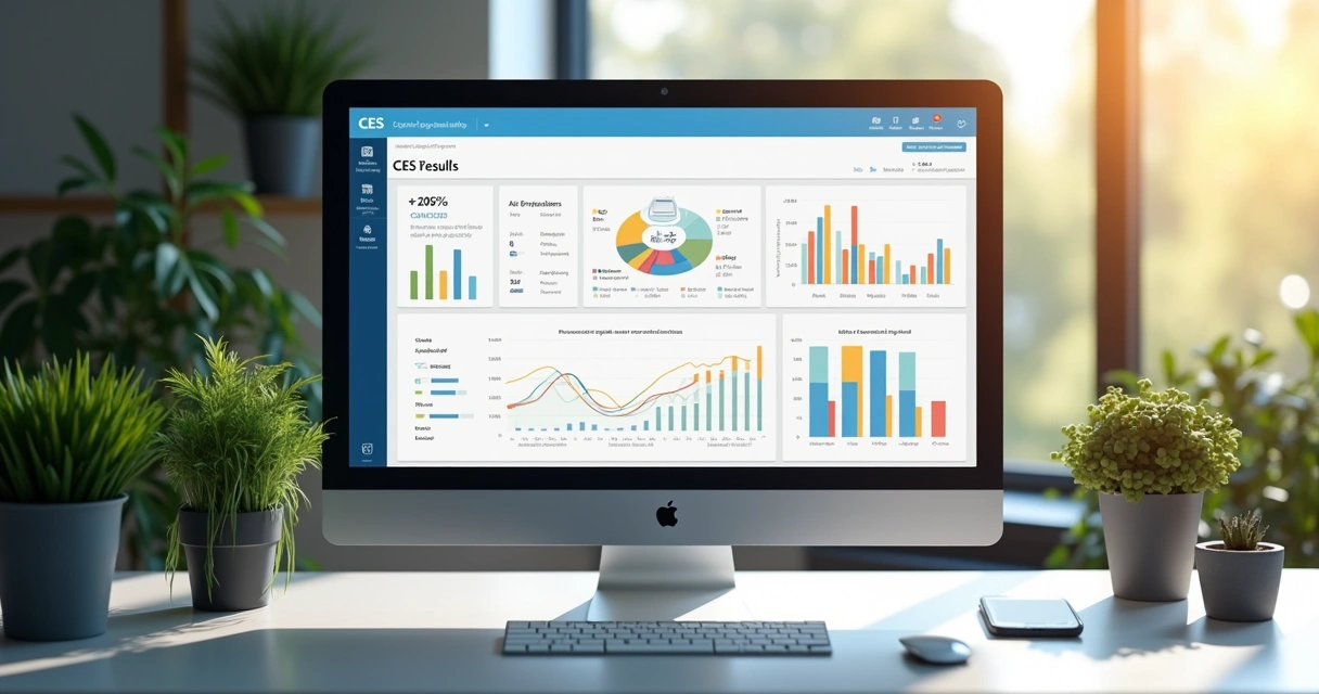 Dashboard de relatórios CES com gráficos coloridos em tela de computador 