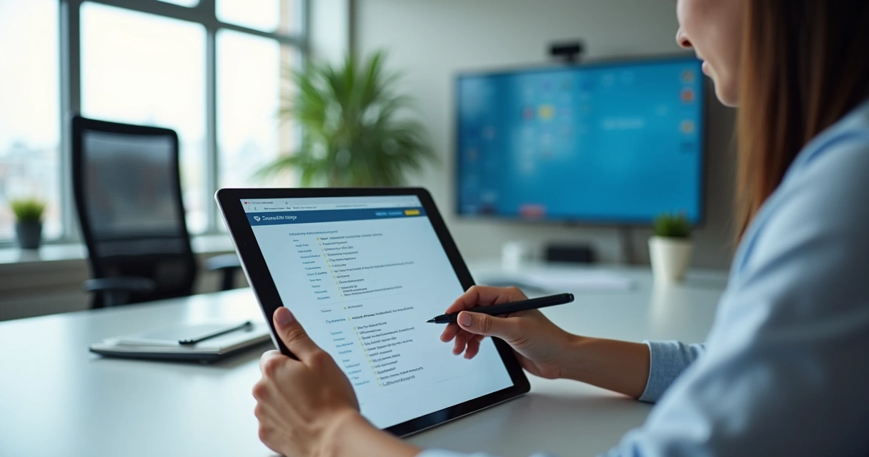 Pessoa preenchendo checklist de atendimento digital em ambiente de escritório moderno 