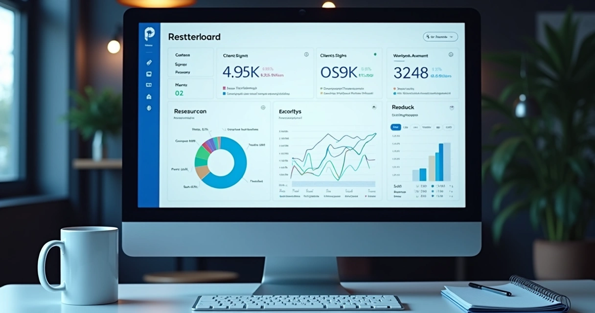 Dashboard digital mostrando gráficos de vendas e clientes para restaurante 