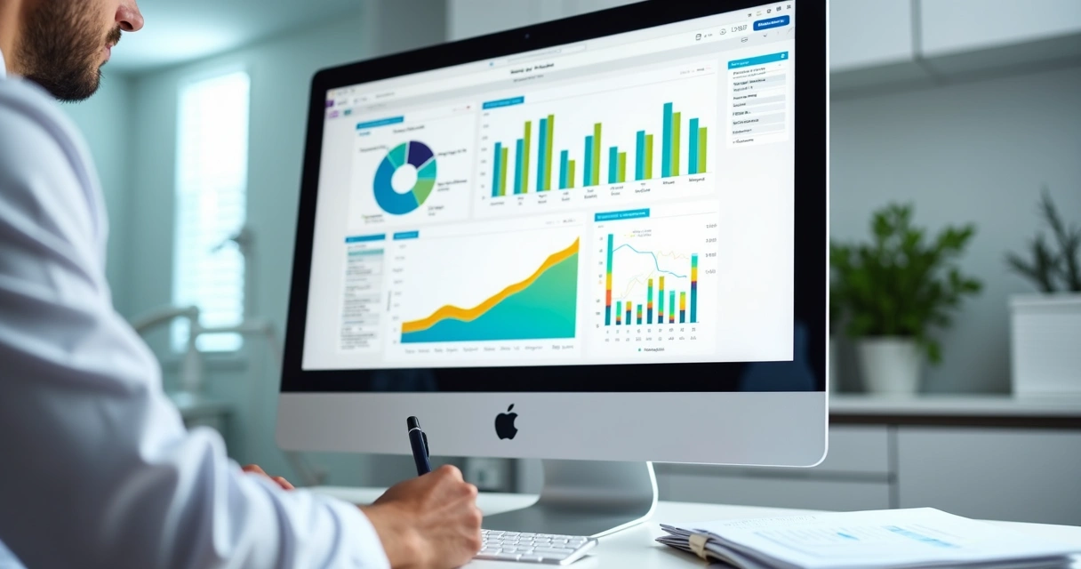 Relatório financeiro em tela de computador com gráficos coloridos 