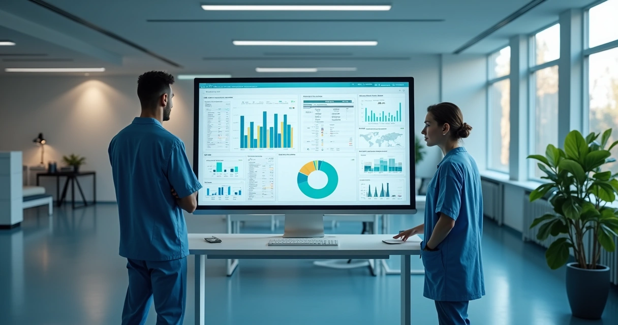 Relatório clínico em tela de computador exibindo gráficos e relatórios de atendimento 
