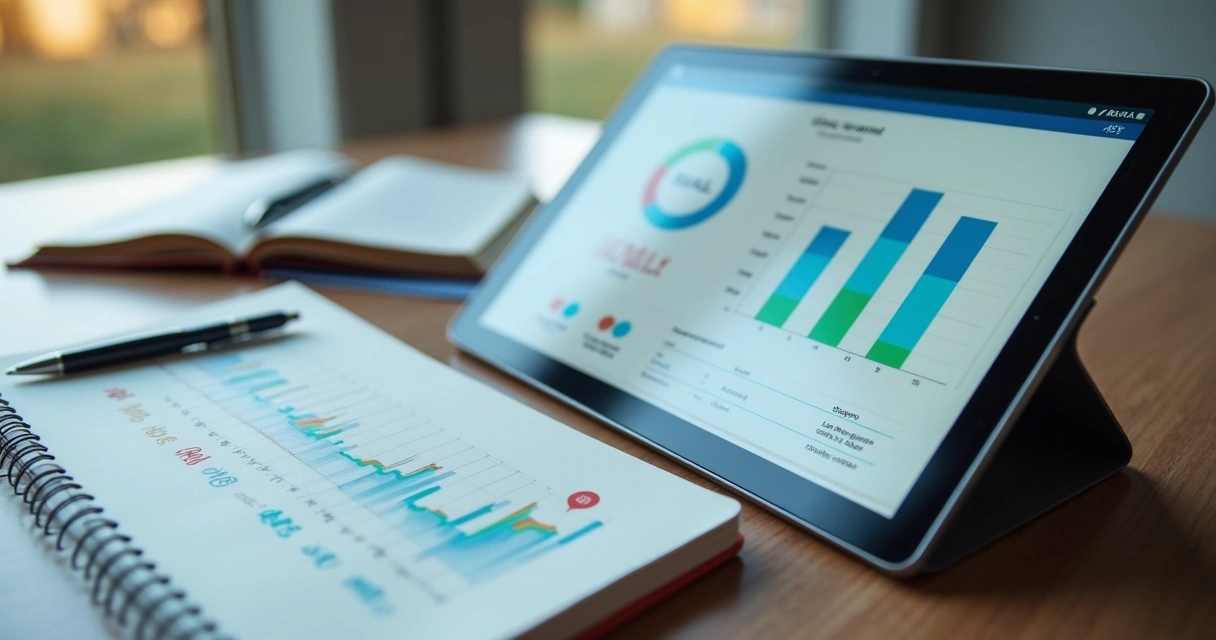 Relatório clínico digital em tablet ao lado de anotações e caneta 