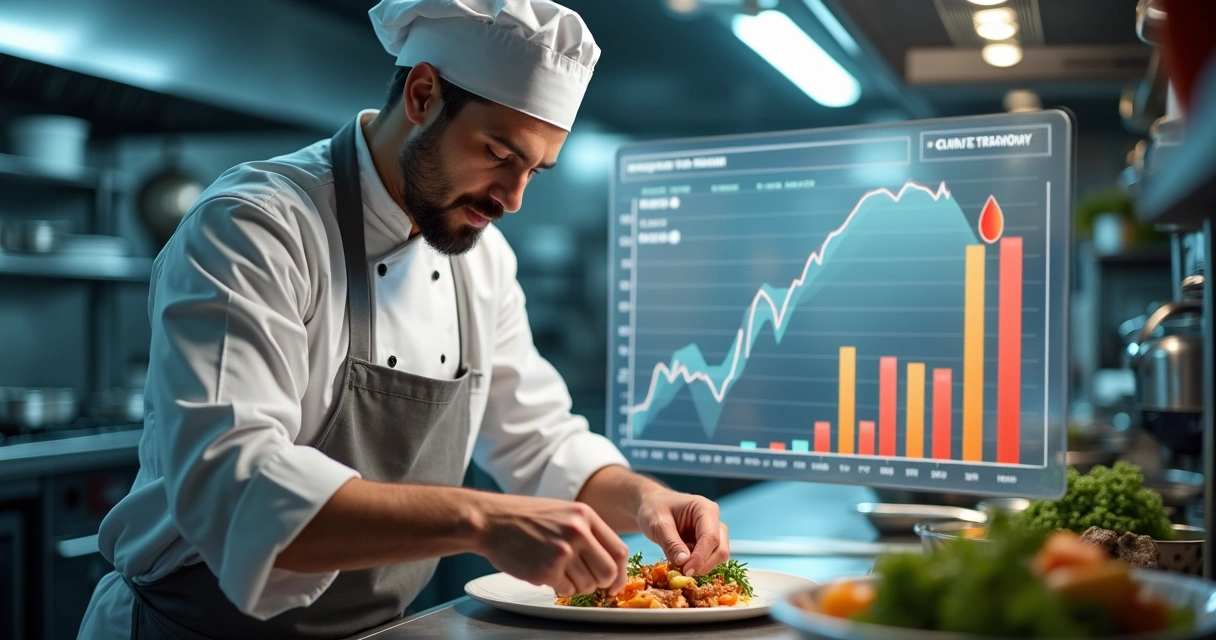 Gráfico de relatório de CMV ao lado de cozinheiro preparando prato 