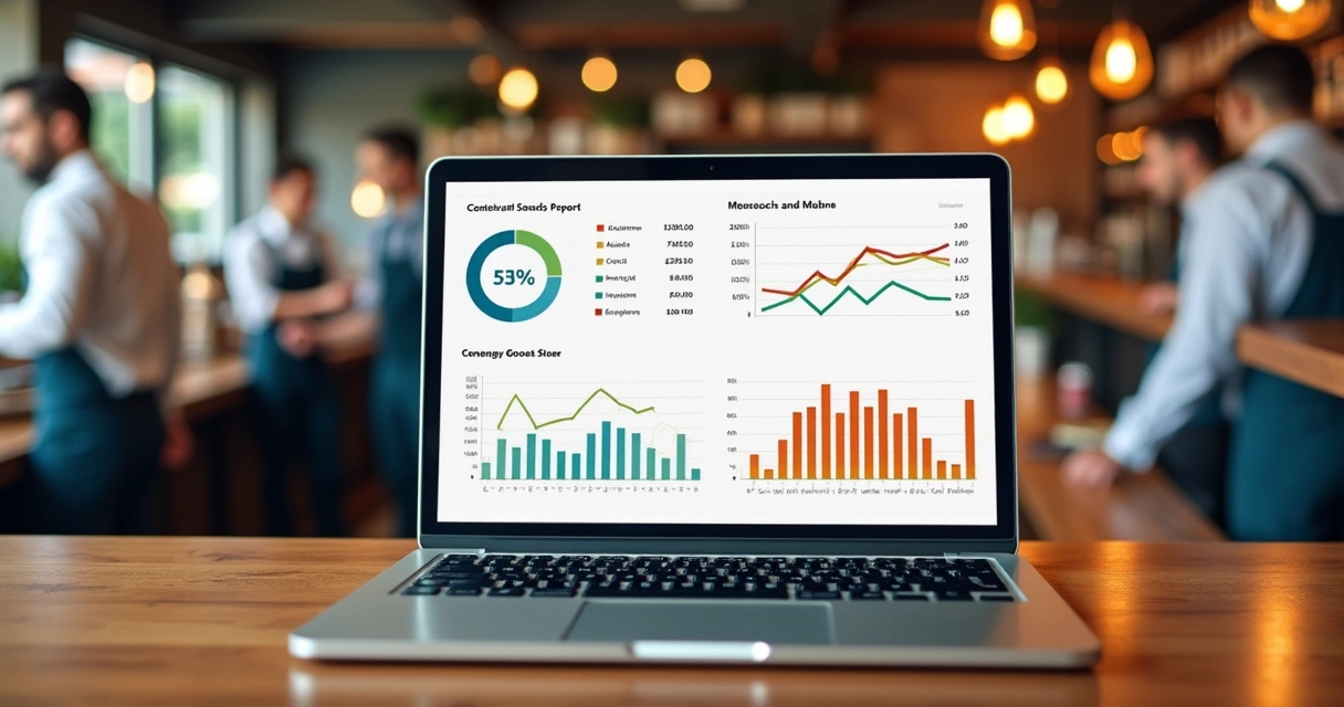 Tela de relatório digital de CMV em notebook sobre balcão de restaurante