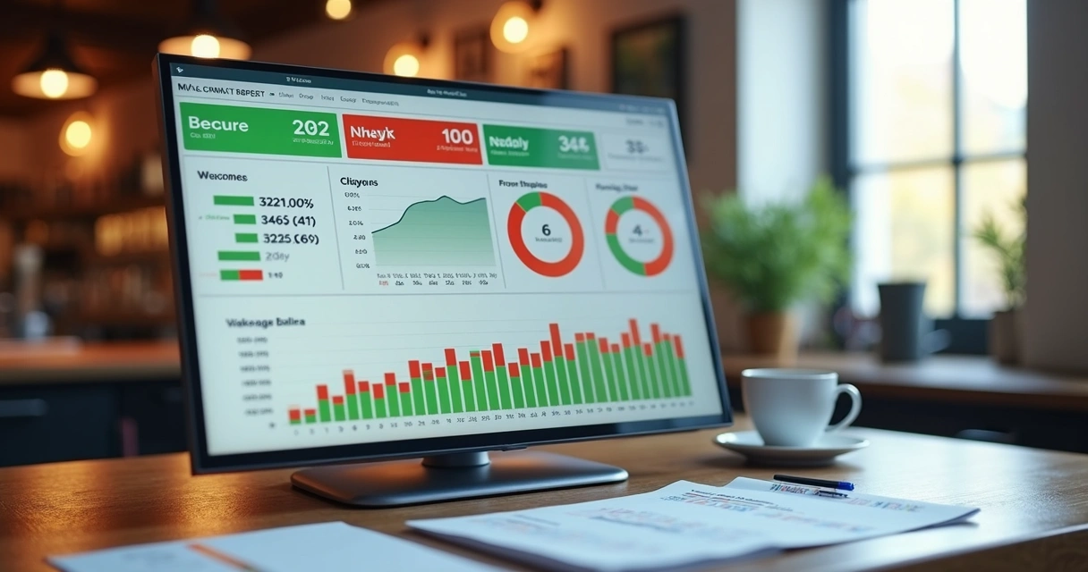 Painel digital mostrando relatório de CMV com gráficos em restaurante 