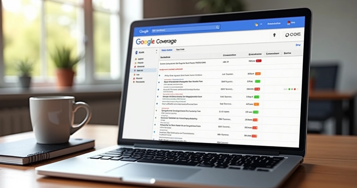 Tela de relatório de cobertura do Google Search Console aberta em notebook.