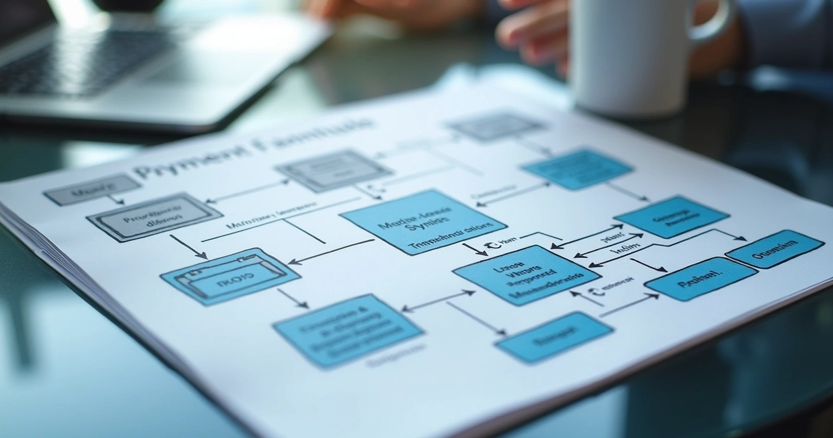Diagrama mostrando um fluxo de cobrança em sistema de e-commerce com regras complexas.