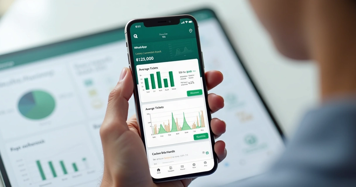Relatório comercial simplificado exibido em tela de WhatsApp, gráficos e tickets médios ao fundo