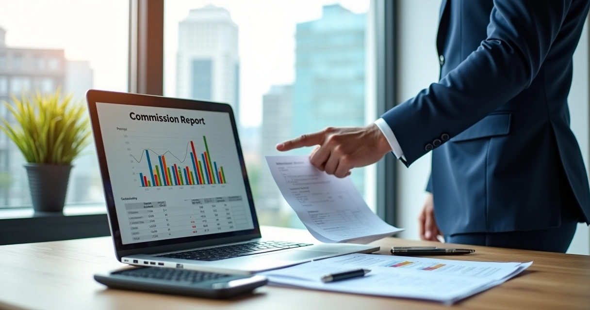 Gestor analisando relatório de comissões em dashboard financeiro na tela do notebook 