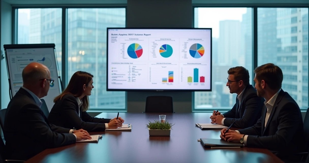 Gestores em uma reunião analisando um relatório comportamental apresentado em tela grande, com destaque para gráficos e indicadores de perfis DISC