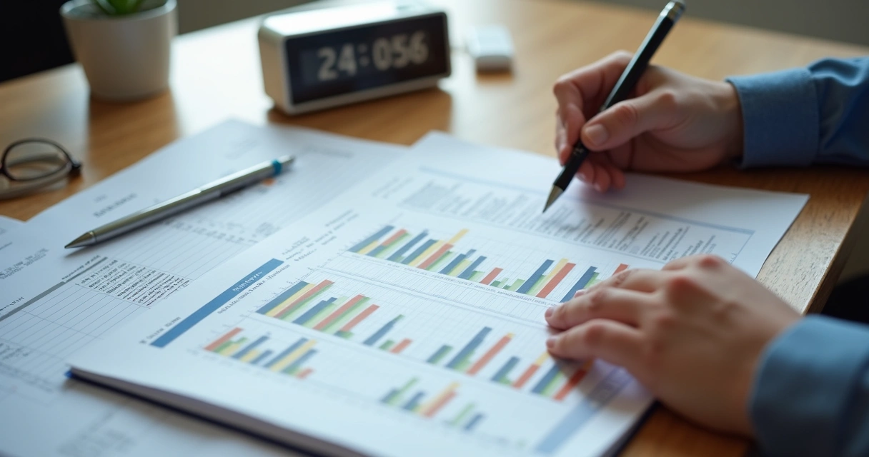 Pessoa analisando relatório de ponto com gráficos em papel 