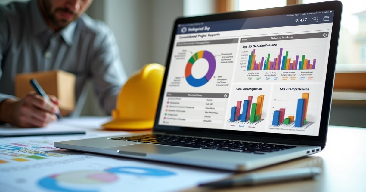 Relatório consolidado de obra em programa de computador mostrando gráficos e indicadores 
