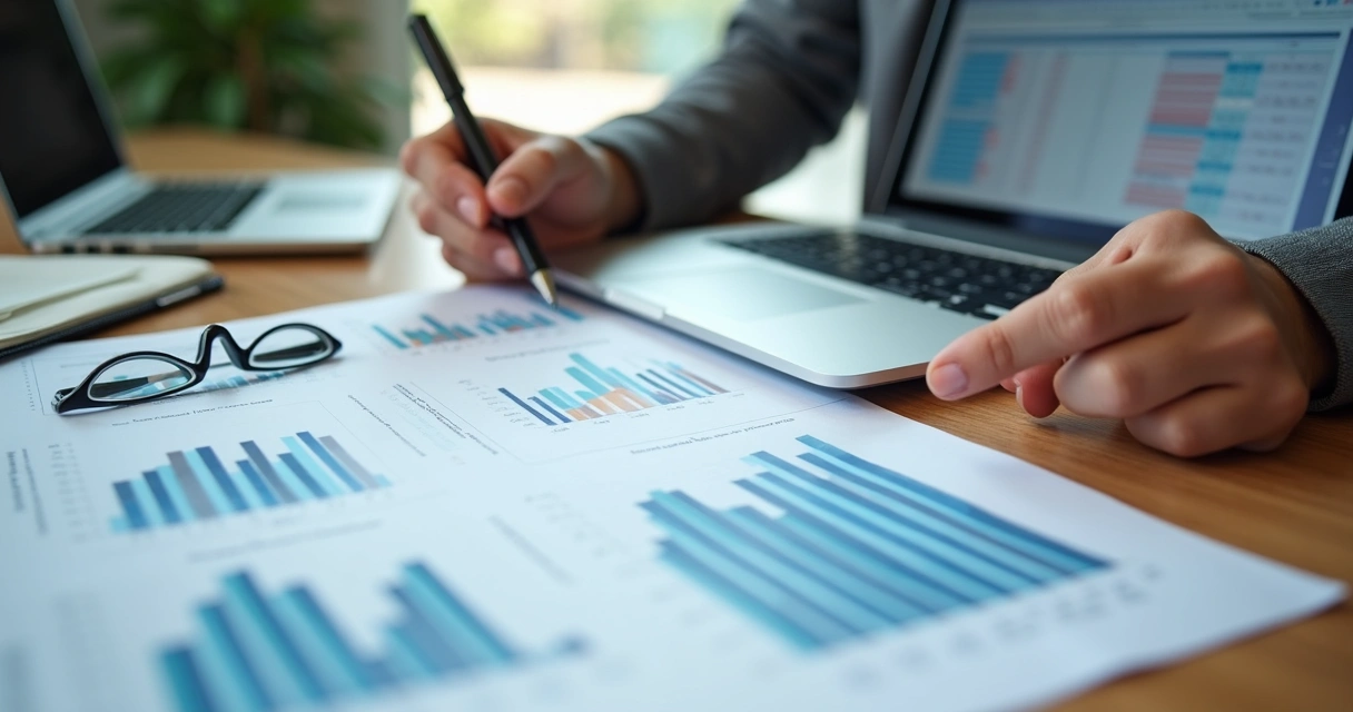 Relatório contábil detalhado com gráfico de barras sobre a mesa