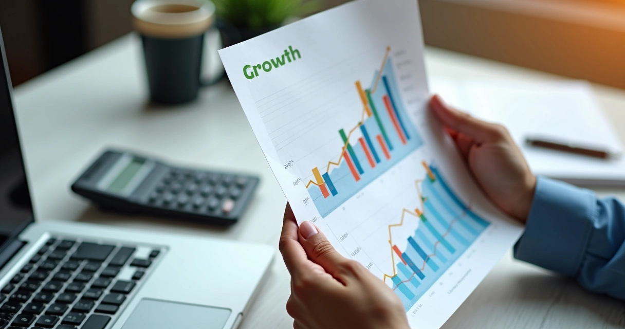 Profissional analisando relatório de crescimento financeiro com gráficos positivos 