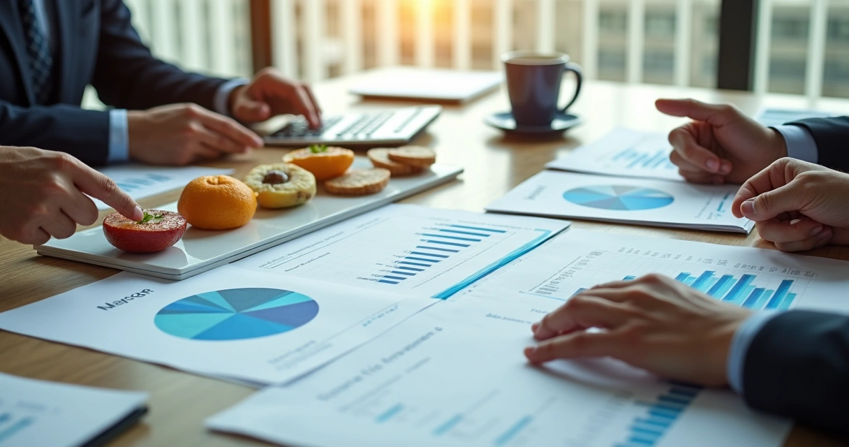 Mesa com relatórios financeiros e alimentos industriais vistos de cima. 