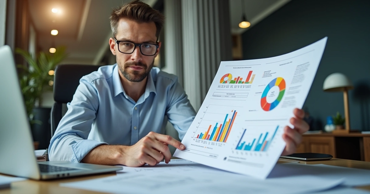 Gestor analisa relatório colorido de resultados com computador e gráficos 