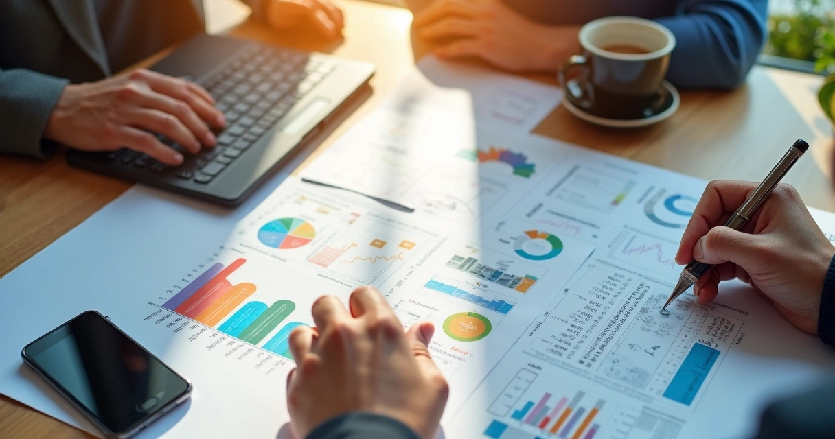 Relatório impresso de dados de engajamento sendo analisado em mesa de escritório 