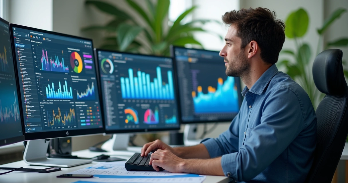 Gestor analisando relatórios digitais gerados por IA 