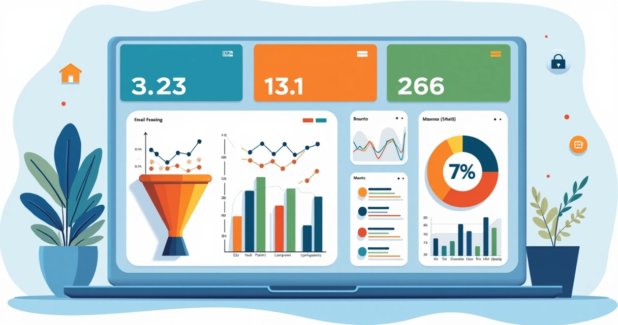 Dashboard colorido com gráficos de funil de vendas, taxas de conversão e desempenho de e-mails.