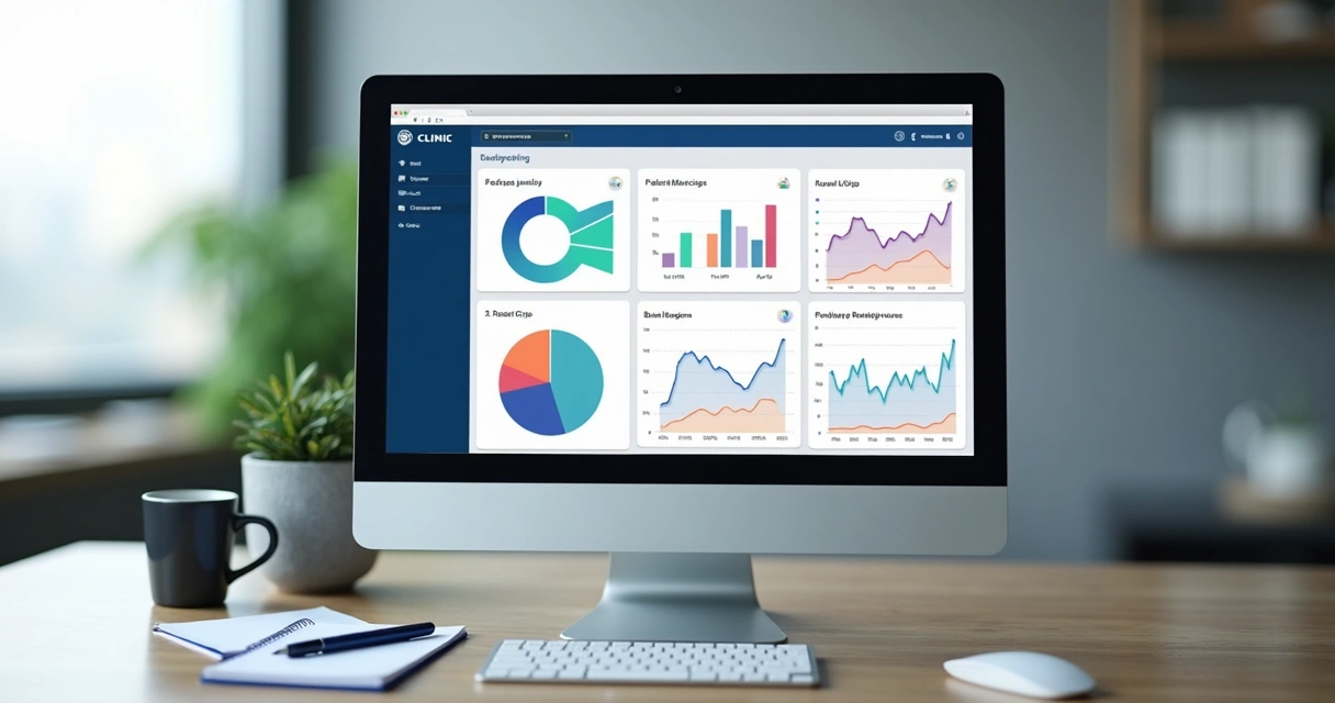 Dashboard colorido com gráficos de reativação de pacientes em clínica de saúde
