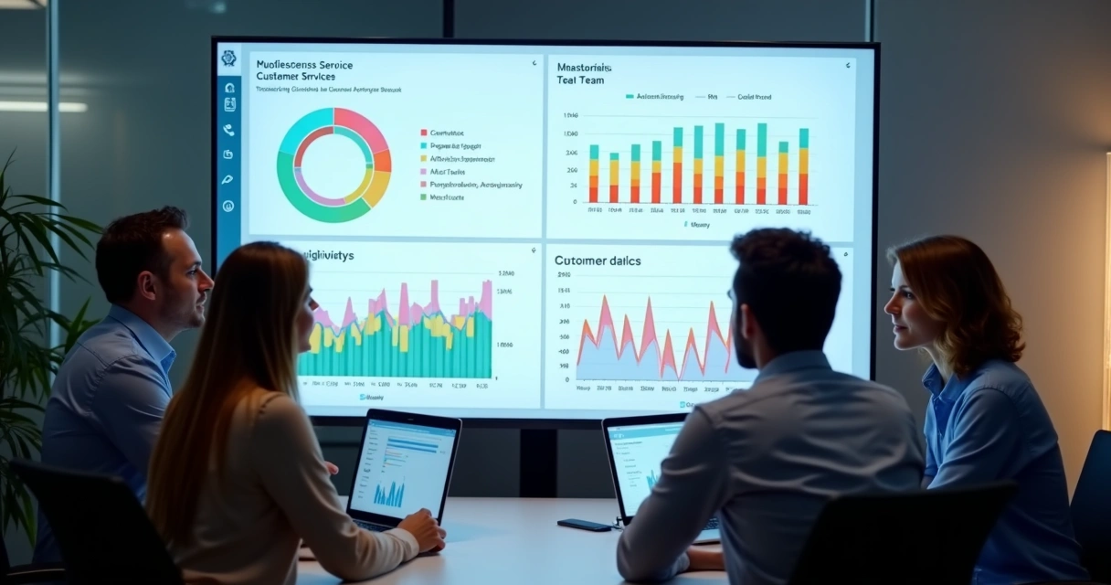 Dashboard com gráficos de atendimento ao cliente em tela de computador 