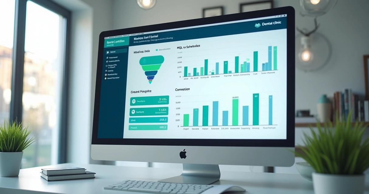 Dashboard de marketing odontológico com indicadores de funil 