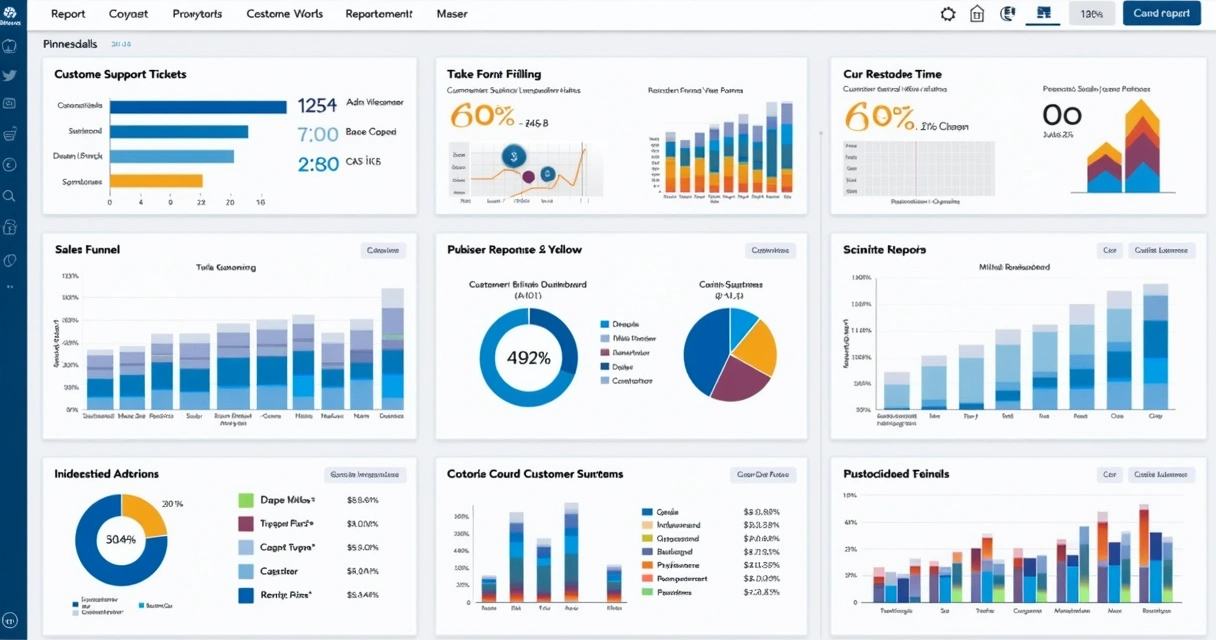 Tela de relatórios integrados de atendimento, vendas e financeiro 