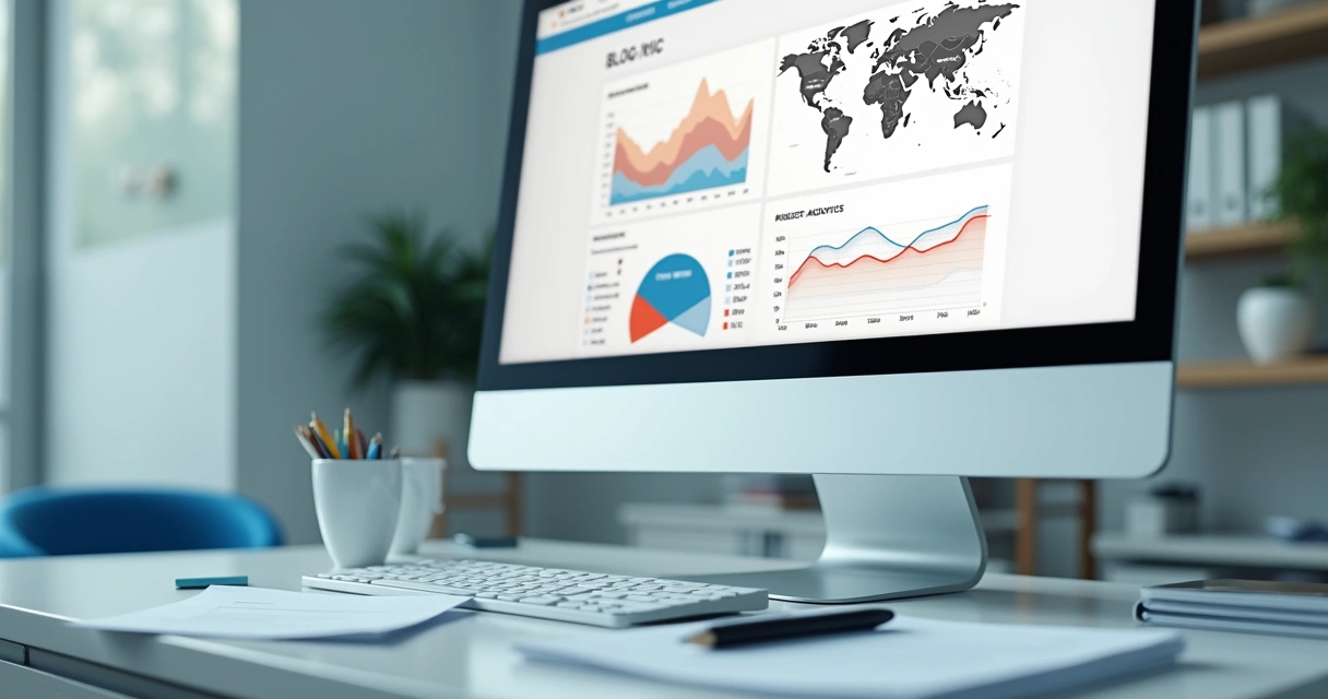 Tela de computador mostrando gráficos de desempenho de blog odontológico 