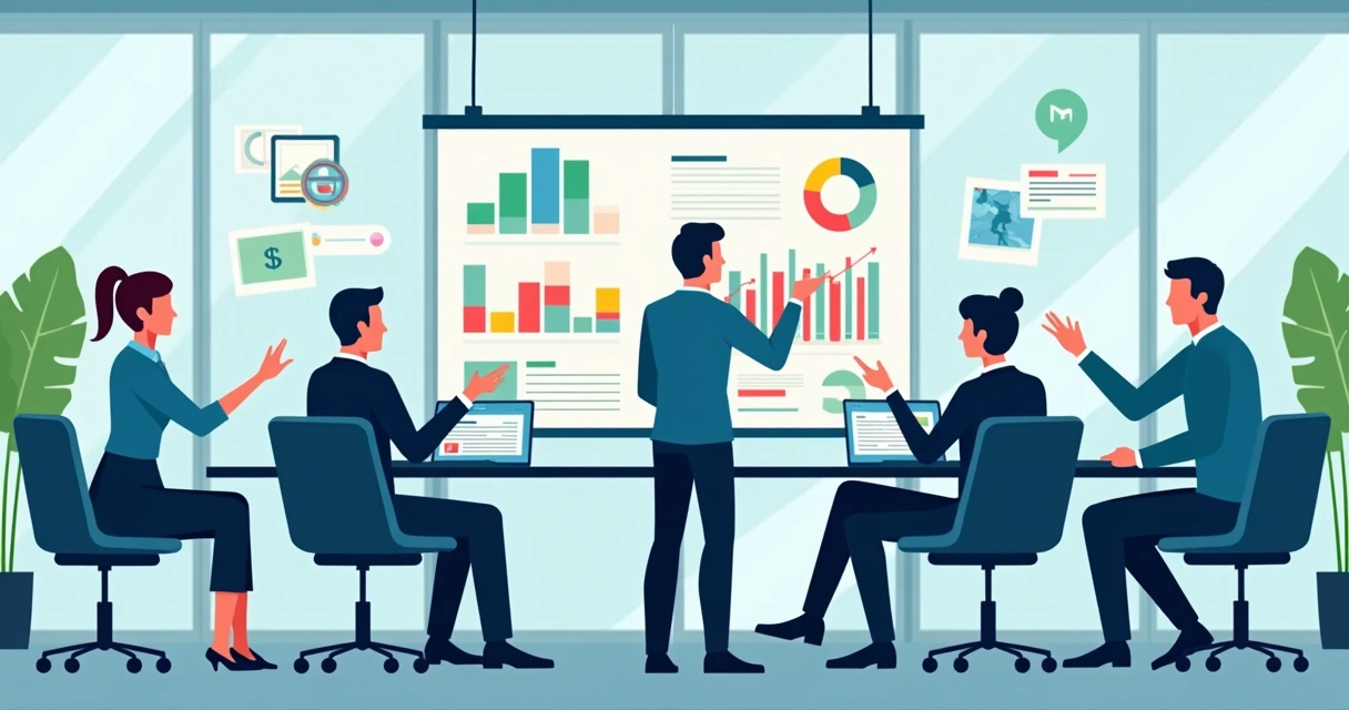 Equipe analisa relatórios e gráficos em sala de reuniões moderna