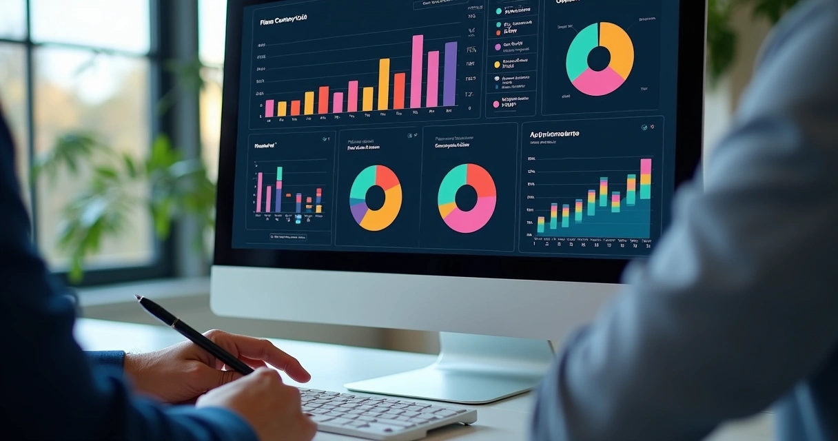 Dashboard com gráficos coloridos de desempenho de call center.