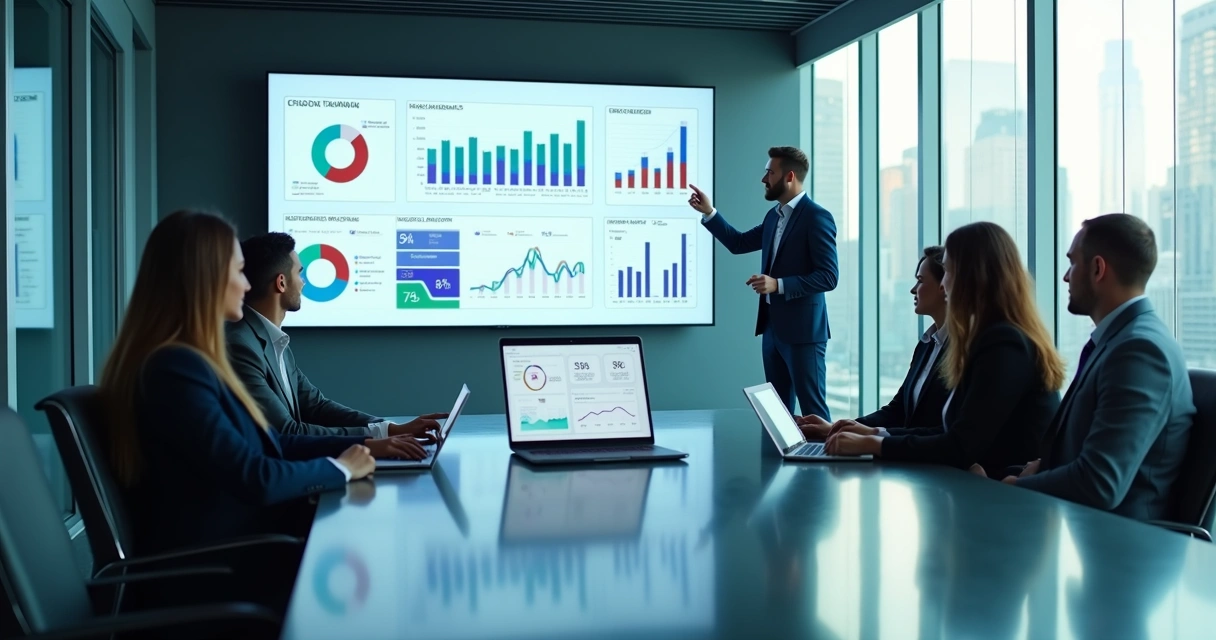 Gestor analisando painel de relatórios de desempenho em tela grande 