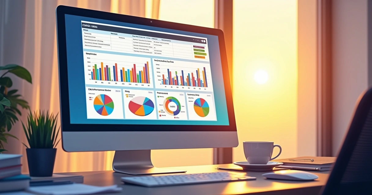 Gráfico colorido de relatórios de desempenho em tela de computador de um sistema de CRM. 