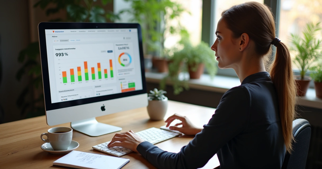 Profissional analisando relatório de marketing digital em notebook com gráficos coloridos 
