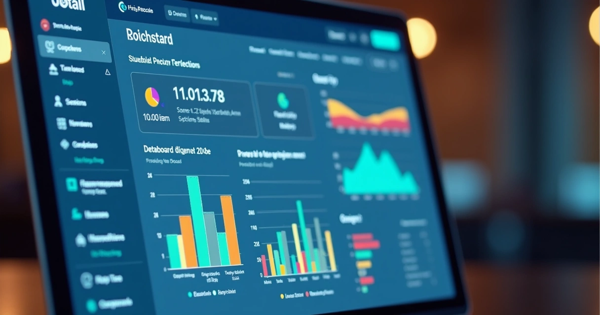 Painel digital com relatório de desempenho de alunos, gráficos coloridos e indicadores de progresso 